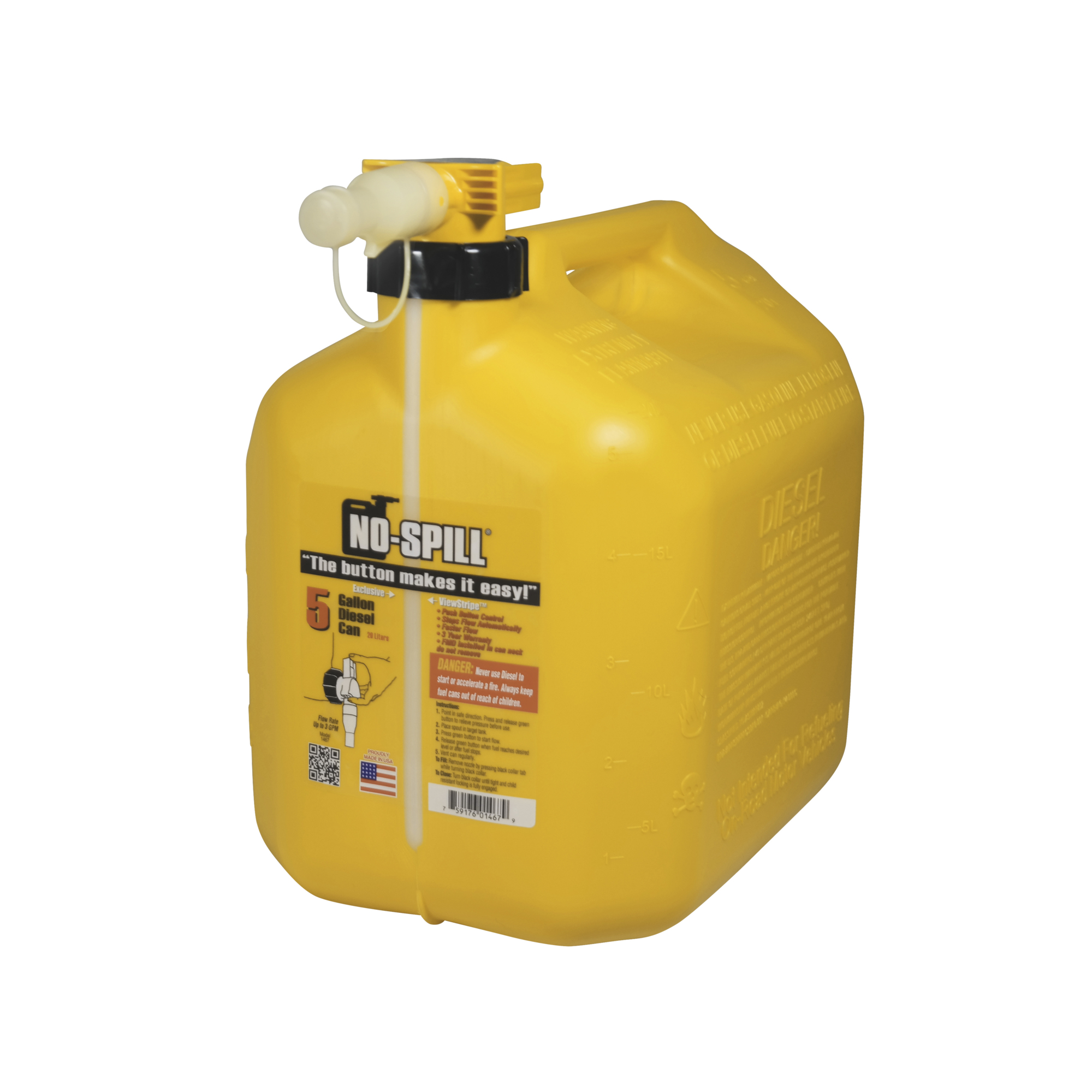 No-Spill Diesel Can — 5 Gal., Push-Button Control, View Stripe, Flame Mitigation Device, Fast Flow Rate, CARB & EPA Compliant, Model# 1467
